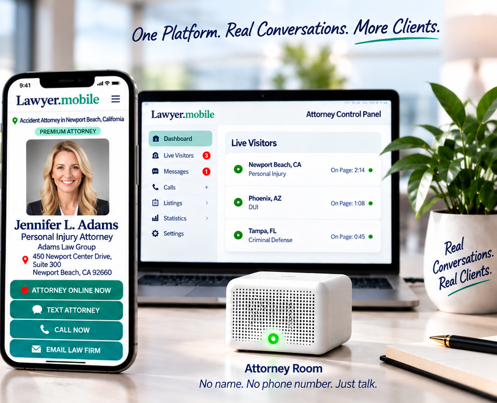 Lawyer.mobile listing, attorney control panel and anonymous Attorney Room